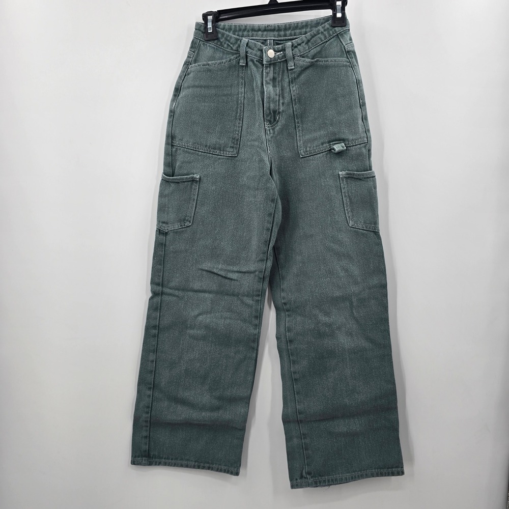 SHEIN Green Cargo Jeans Wide Leg High Rise Utility Denim Pants Size 26